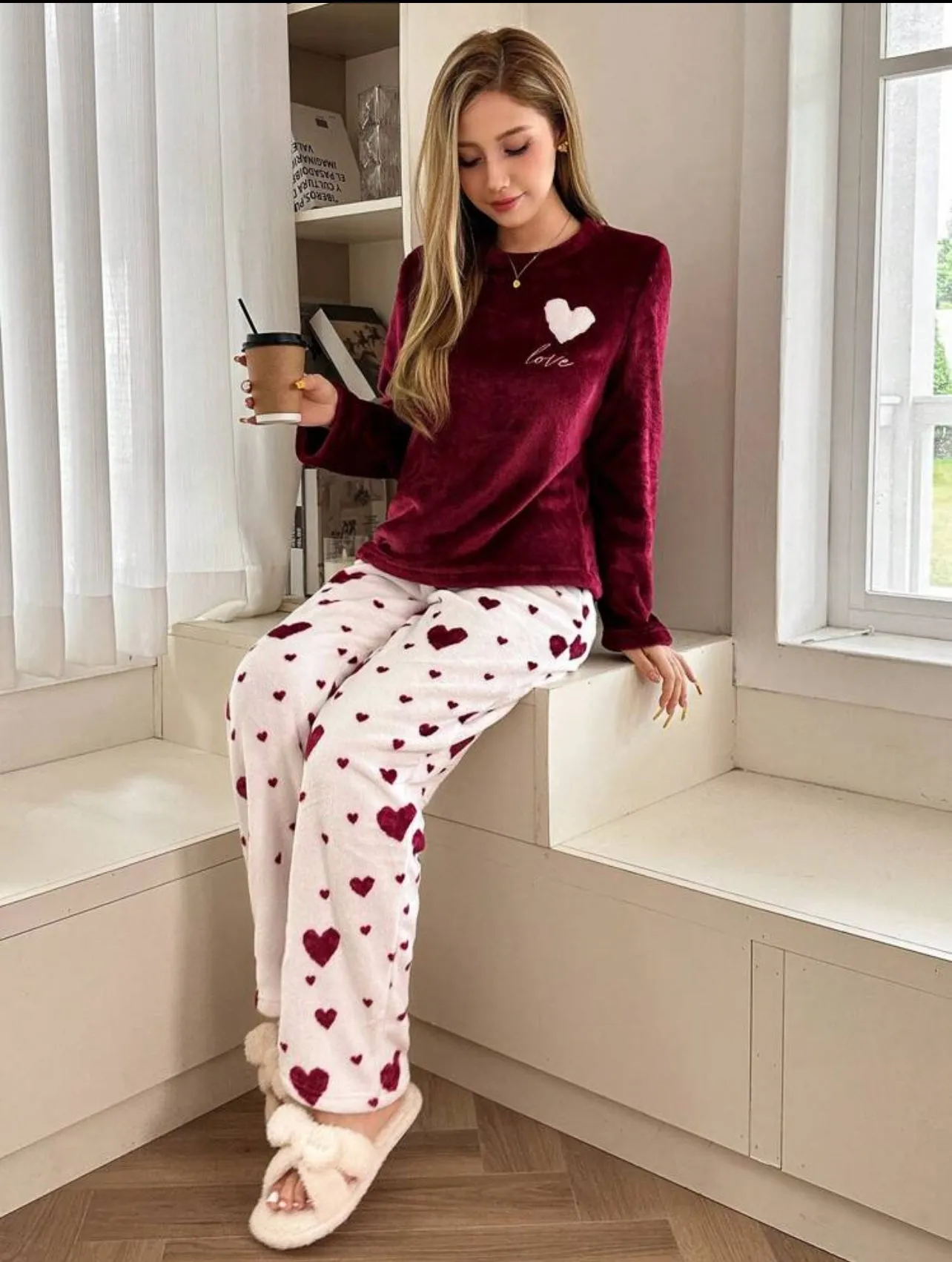 2 Piece Flannel Pajama Set with Love Heart Image