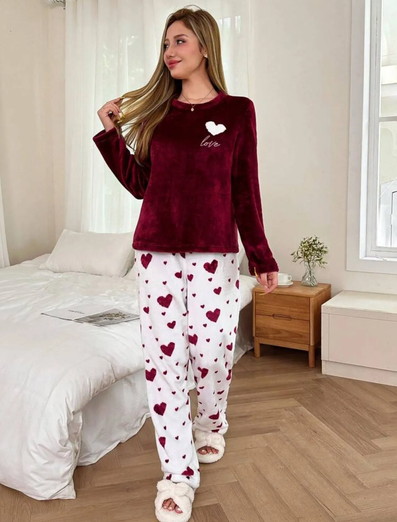 2 Piece Flannel Pajama Set with Love Heart Image