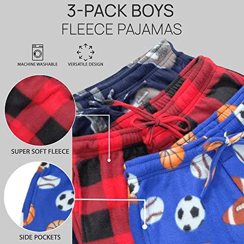 3 Pack: Big Boys Pajama Pants Fleece Plush Pjs Kids Pajamas Christmas Clothes Lounge Flannel Bottoms Youth Teen Sleep wear,Set 8-Size 12/14