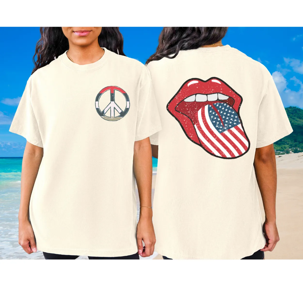 4th of July Rock and Roll Comfort Colors® T-Shirt, Front and Back Design T-Shirt, 1970's Peace Sign