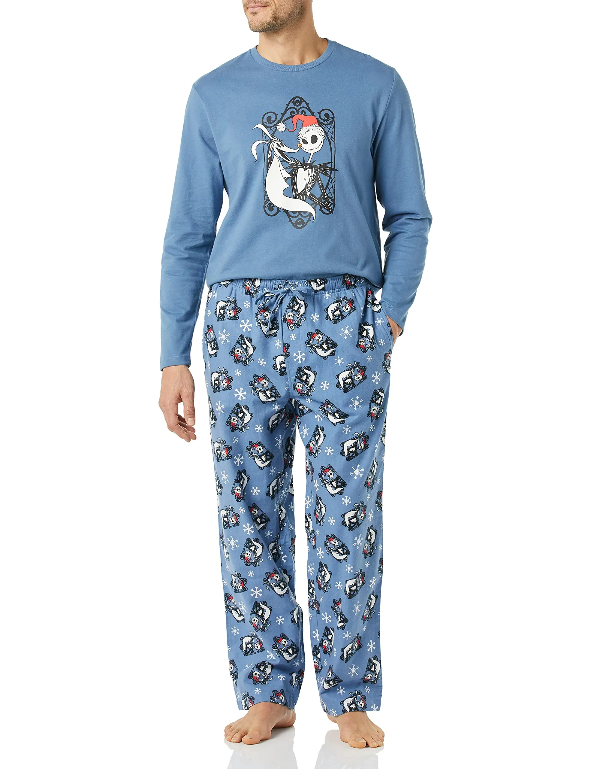 Amazon Essentials Disney | Marvel | Star Wars Men's Flannel Pajama Sleep Sets, Nightmare Santa Jack - Mens, Large