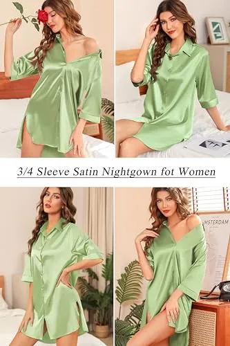 Anjue Nightshirt for Women Satin Notch Collar Nightgown Loose Loungewear Loose Fitting Nightwear Silk Nightie(Fuchsia,L)