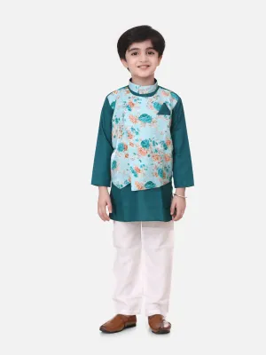 Attached Floral Print Jacket Cotton Kurta Pyjama For Boys-Green