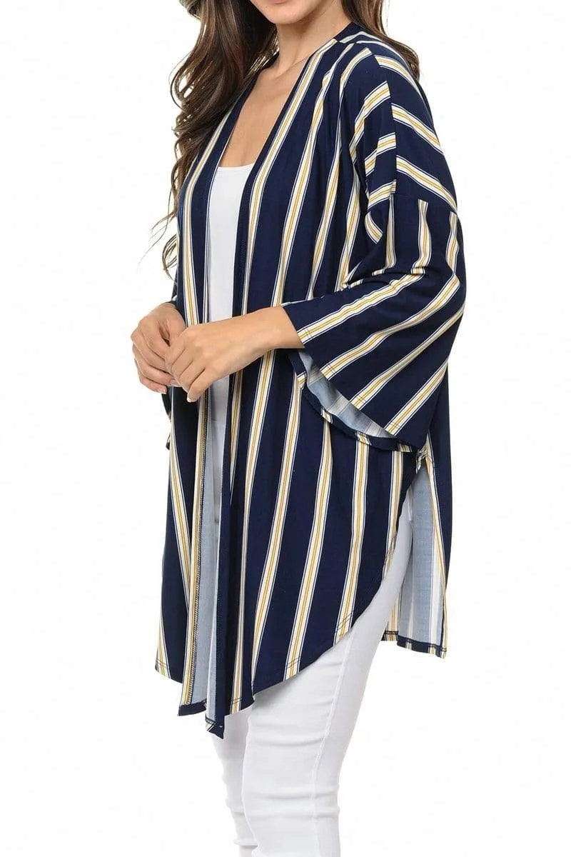 Auliné Collection Womens USA Made Casual Cover Up Cape Flannel Gown Robe Cardigan Kimono, Vertical Stripe