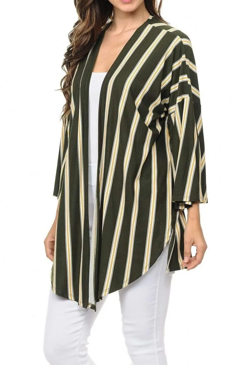 Auliné Collection Womens USA Made Casual Cover Up Cape Flannel Gown Robe Cardigan Kimono, Vertical Stripe