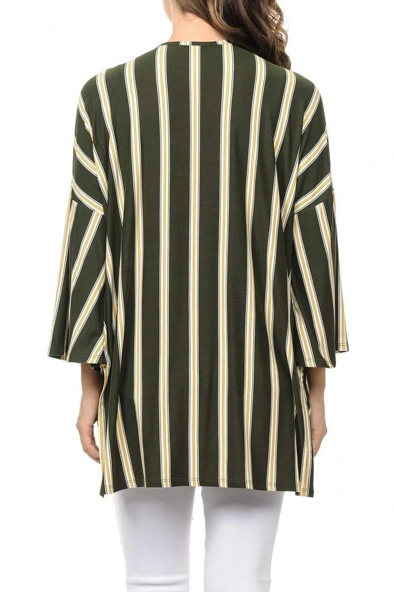 Auliné Collection Womens USA Made Casual Cover Up Cape Flannel Gown Robe Cardigan Kimono, Vertical Stripe