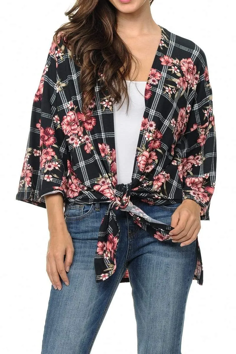 Auliné Collection Womens USA Made Casual Cover Up Cape Gown Robe Cardigan Kimono, Grid Floral