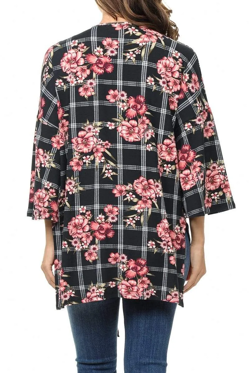 Auliné Collection Womens USA Made Casual Cover Up Cape Gown Robe Cardigan Kimono, Grid Floral