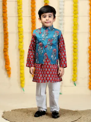 Azure Blue Boys Floral Print Jacket And Kurta Pajama Set