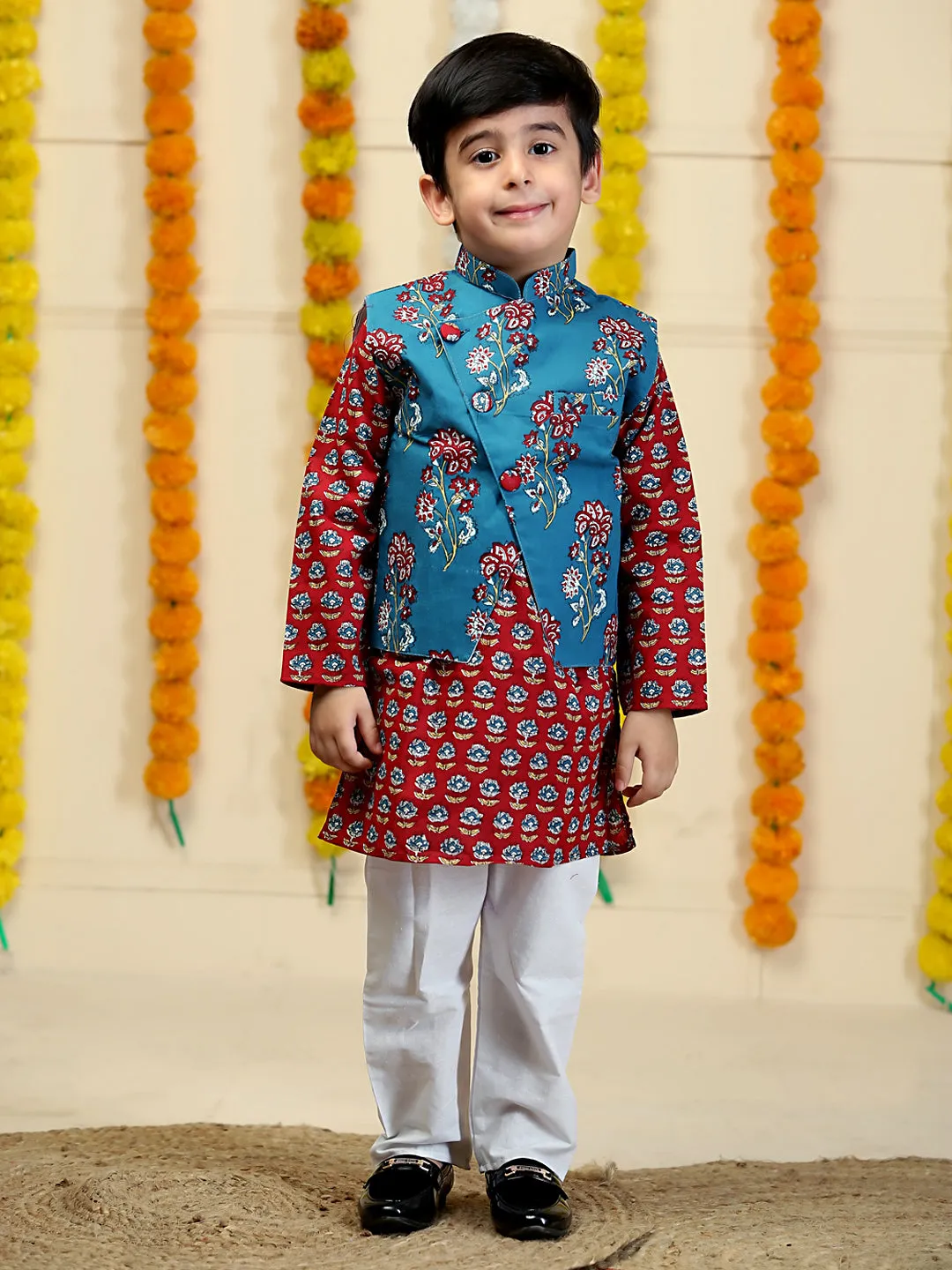 Azure Blue Boys Floral Print Jacket And Kurta Pajama Set