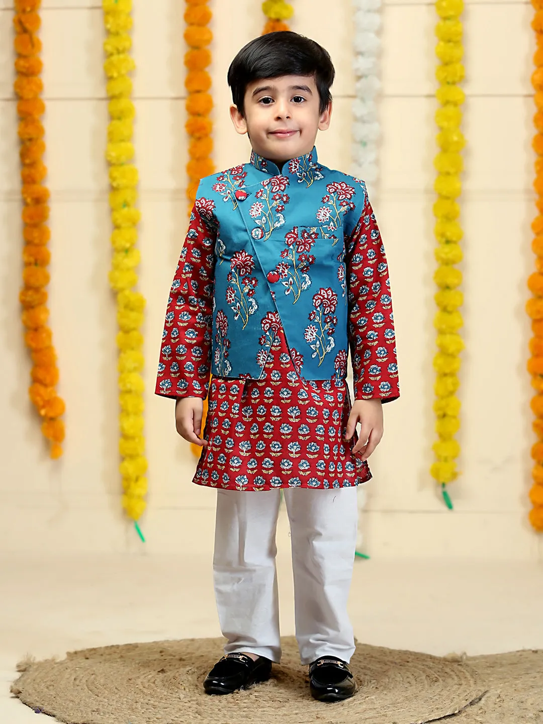 Azure Blue Boys Floral Print Jacket And Kurta Pajama Set