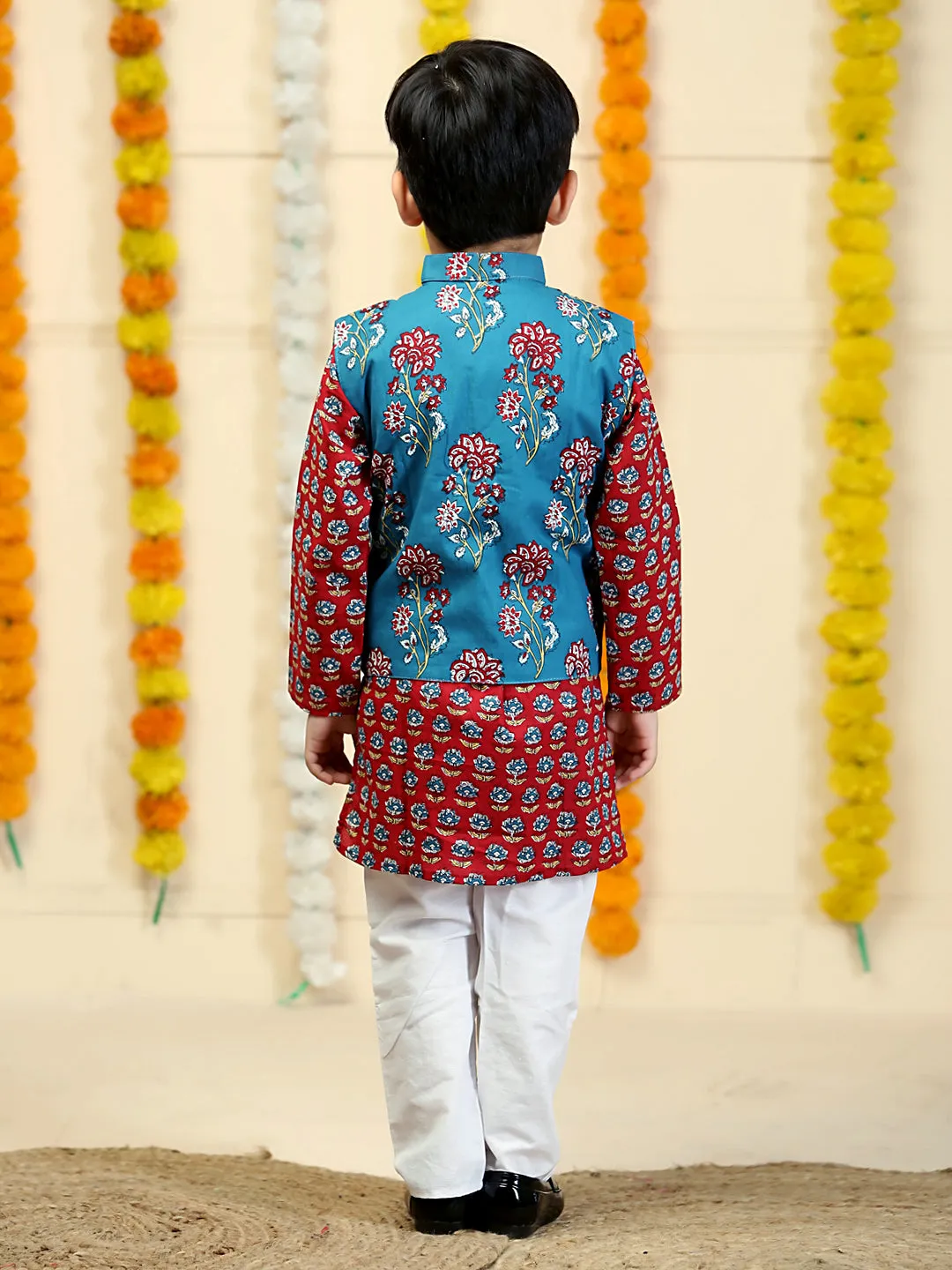 Azure Blue Boys Floral Print Jacket And Kurta Pajama Set