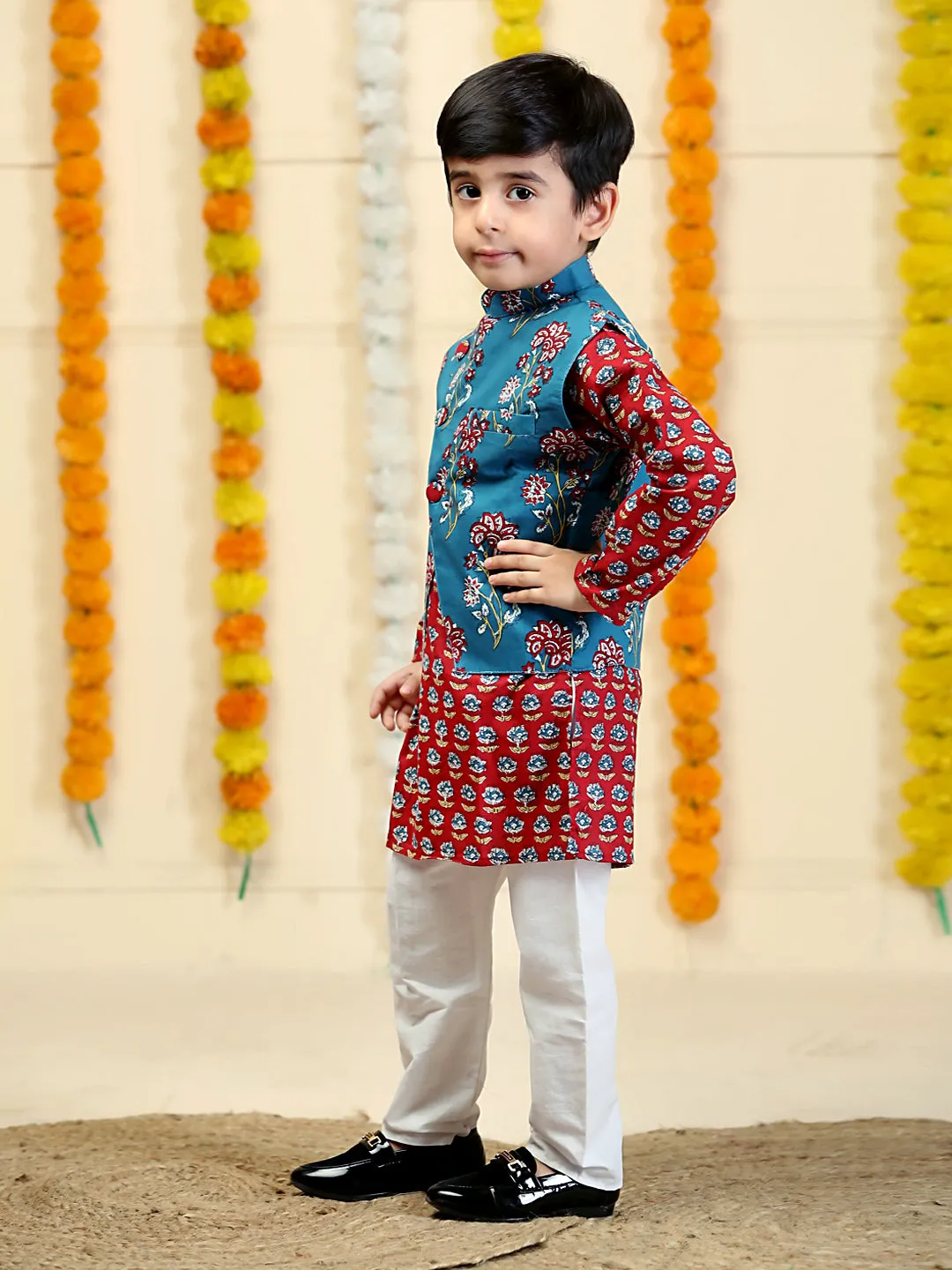 Azure Blue Boys Floral Print Jacket And Kurta Pajama Set