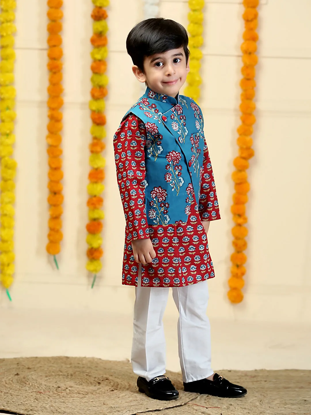 Azure Blue Boys Floral Print Jacket And Kurta Pajama Set