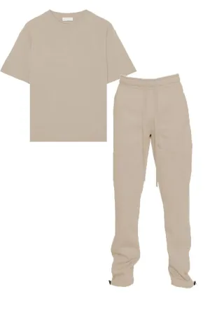 Beige Tshirt Ankle Toggle Sweatpants Set