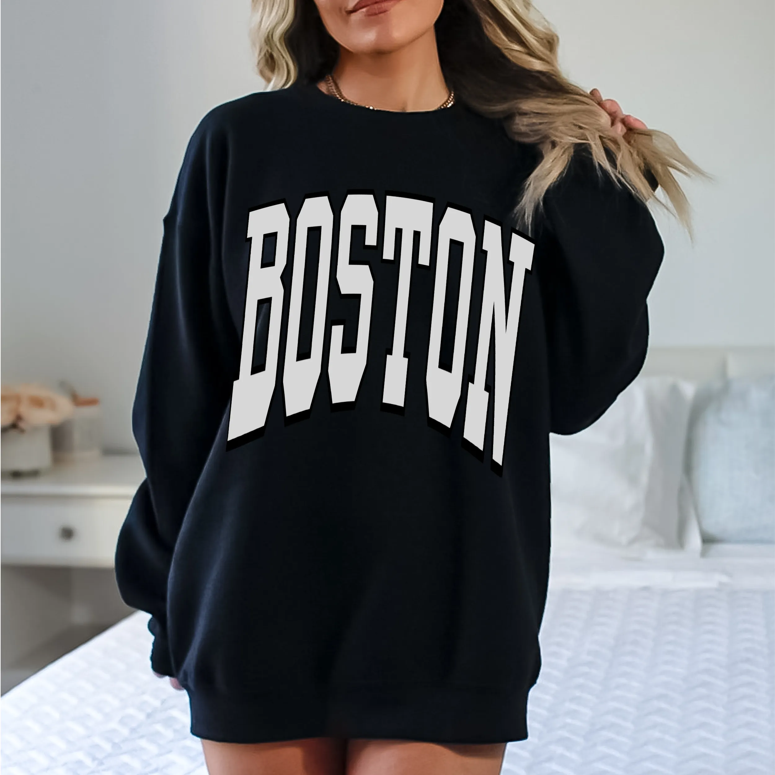 Boston Heavy Blend™ Crewneck Sweatshirt, Unisex-Sized Cozy Pullover, Oversized Retro Boston with Vintage Varsity Letters