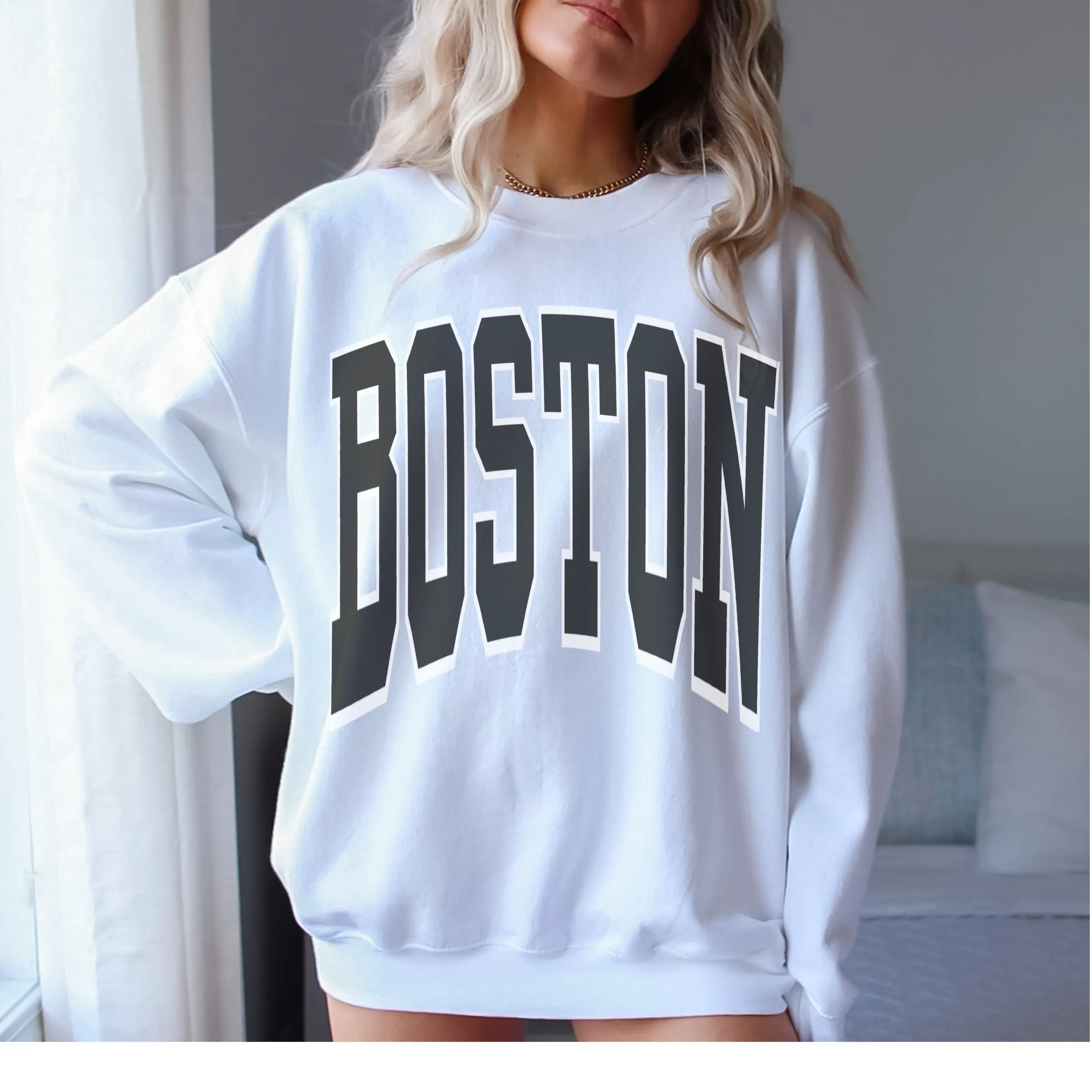 Boston Heavy Blend™ Crewneck Sweatshirt, Unisex-Sized Cozy Pullover, Oversized Retro Boston with Vintage Varsity Letters