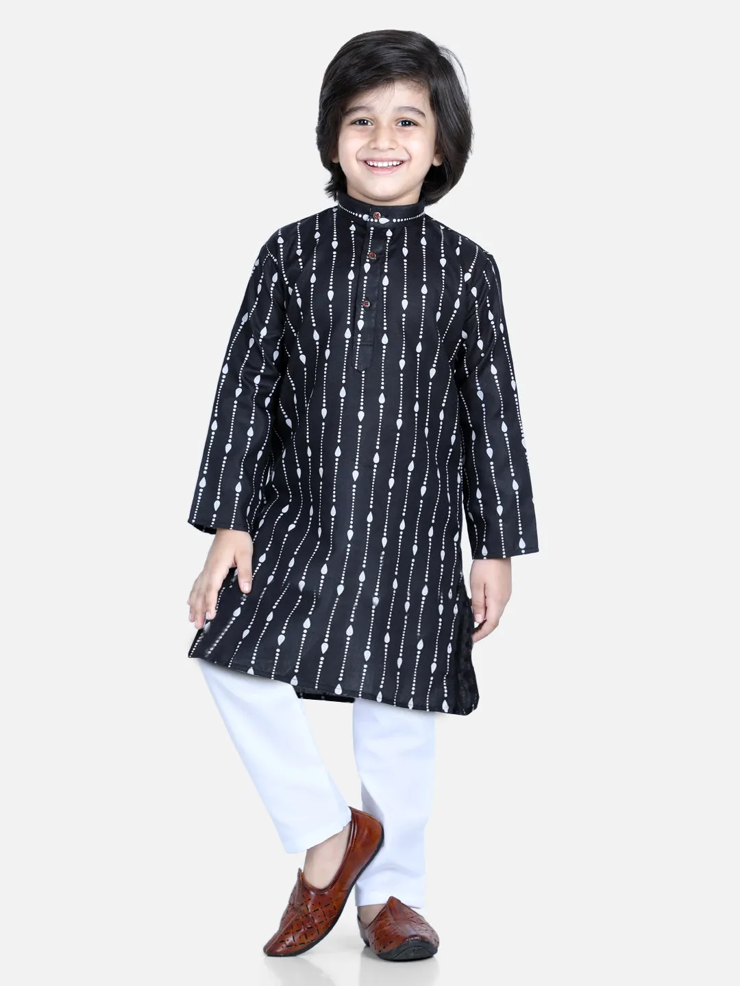 Boy's Black Color Printed Full Sleeve Cotton Kurta Pajama  - NOZ2TOZ KIDS