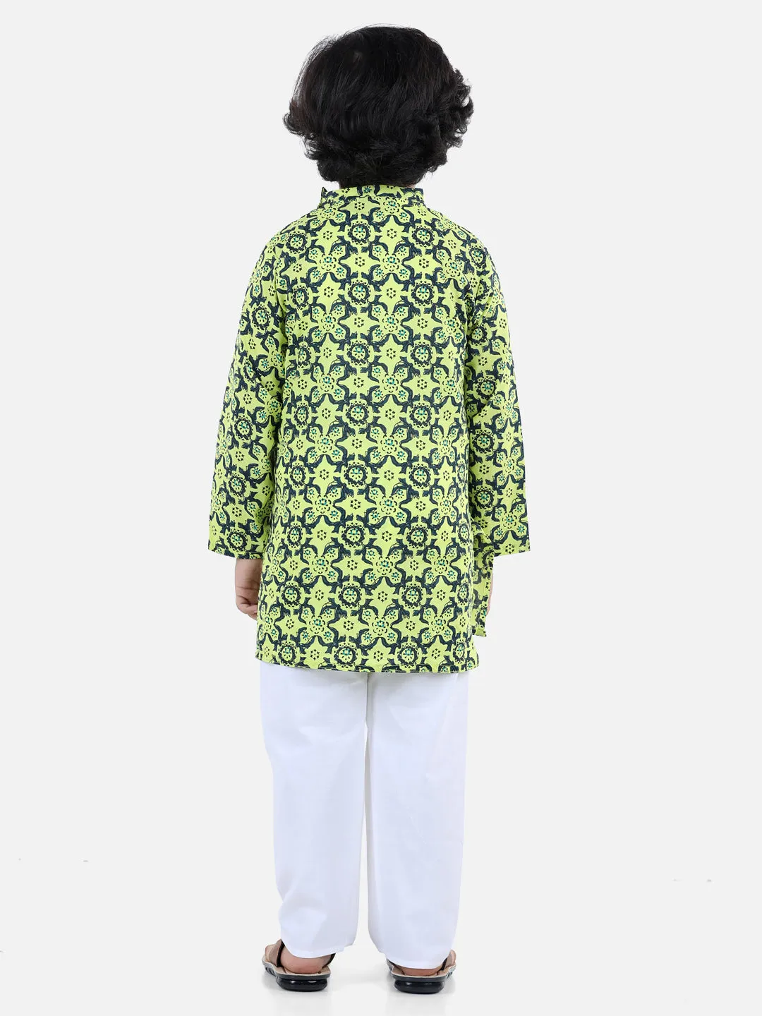 Boys Cotton Floral Printed Asymmetric Front Open Kurta Pyjama- Yellow