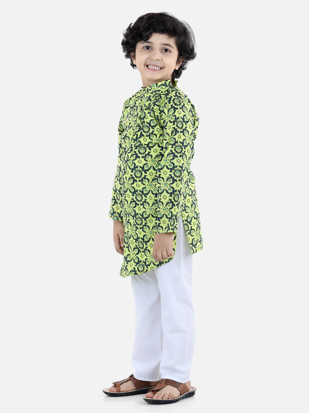 Boys Cotton Floral Printed Asymmetric Front Open Kurta Pyjama- Yellow