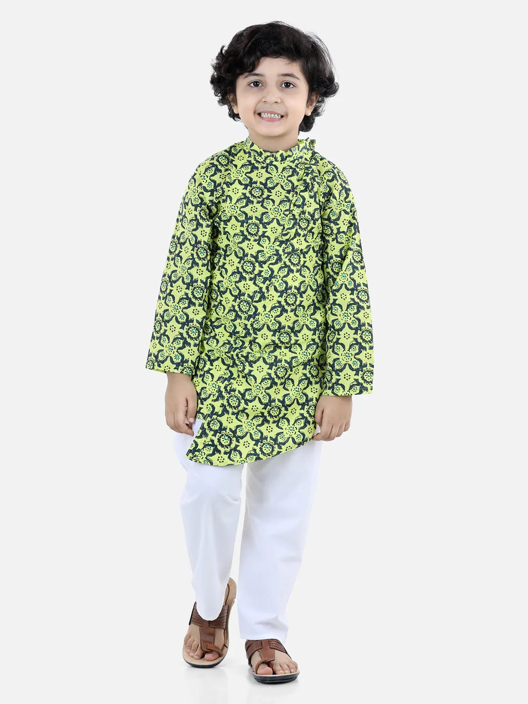 Boys Cotton Floral Printed Asymmetric Front Open Kurta Pyjama- Yellow