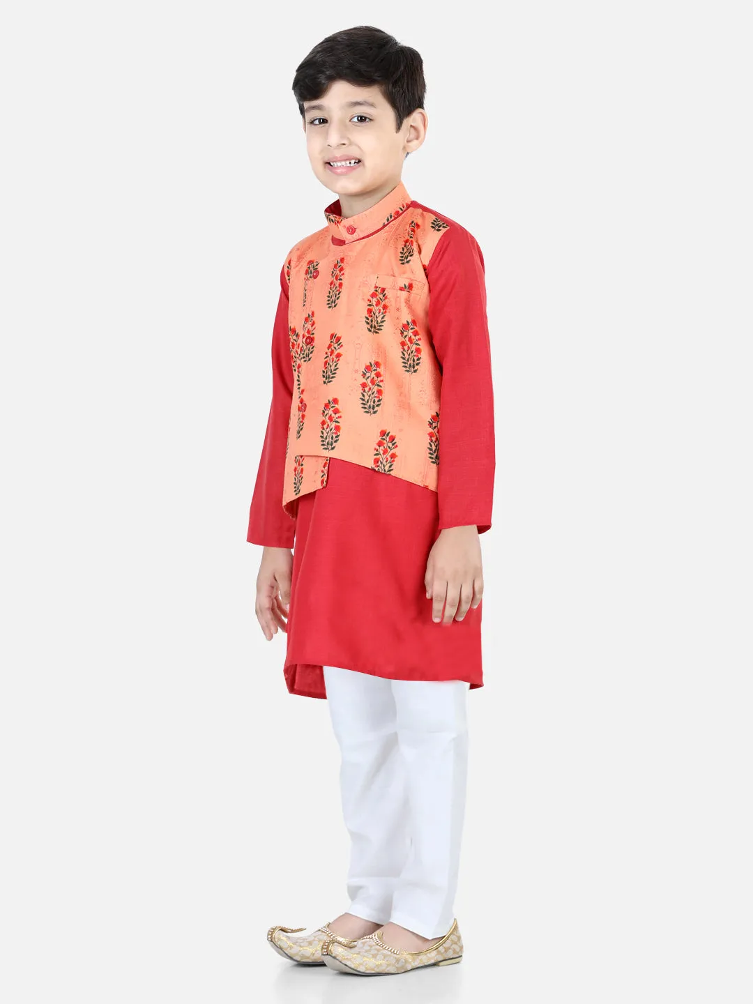 Boys Printed Attached Jacket Cotton Kurta Pyjama - Peach