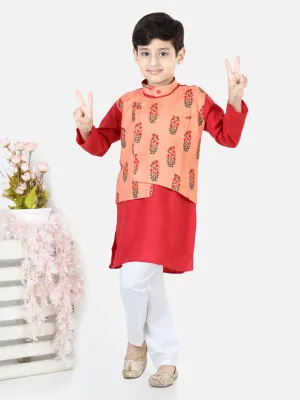 Boys Printed Attached Jacket Cotton Kurta Pyjama - Peach