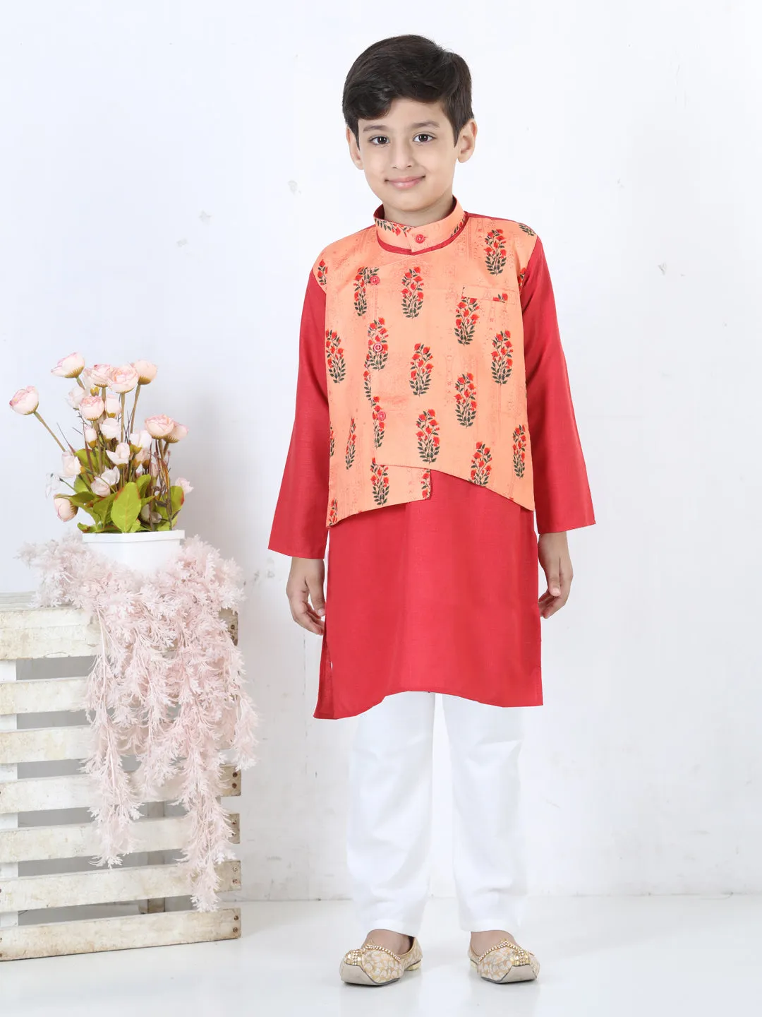 Boys Printed Attached Jacket Cotton Kurta Pyjama - Peach