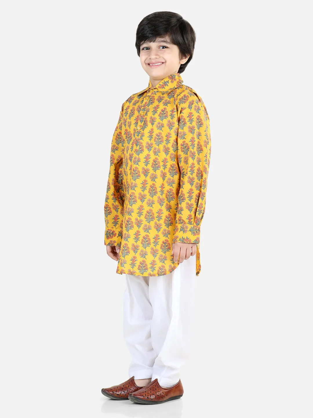 Boys Printed Cotton Full Sleeve Pathani Salwar Set - Yellow