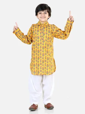 Boys Printed Cotton Full Sleeve Pathani Salwar Set - Yellow