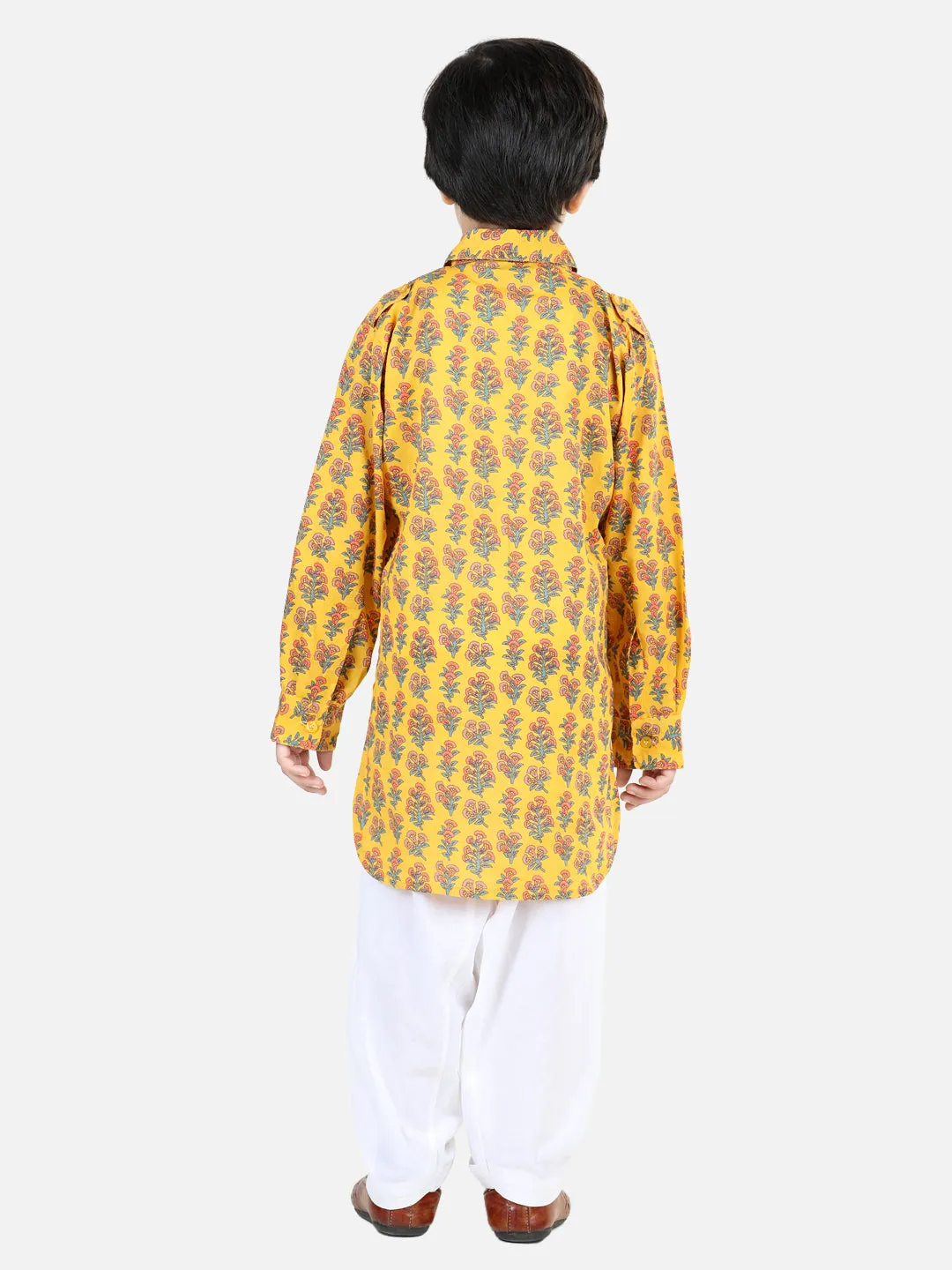 Boys Printed Cotton Full Sleeve Pathani Salwar Set - Yellow