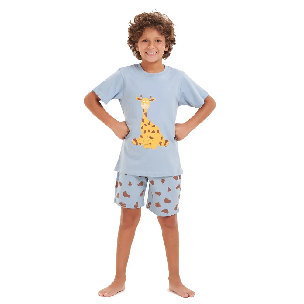 Boys summer pajama set Giraffe t-shirt  Light blue shorts