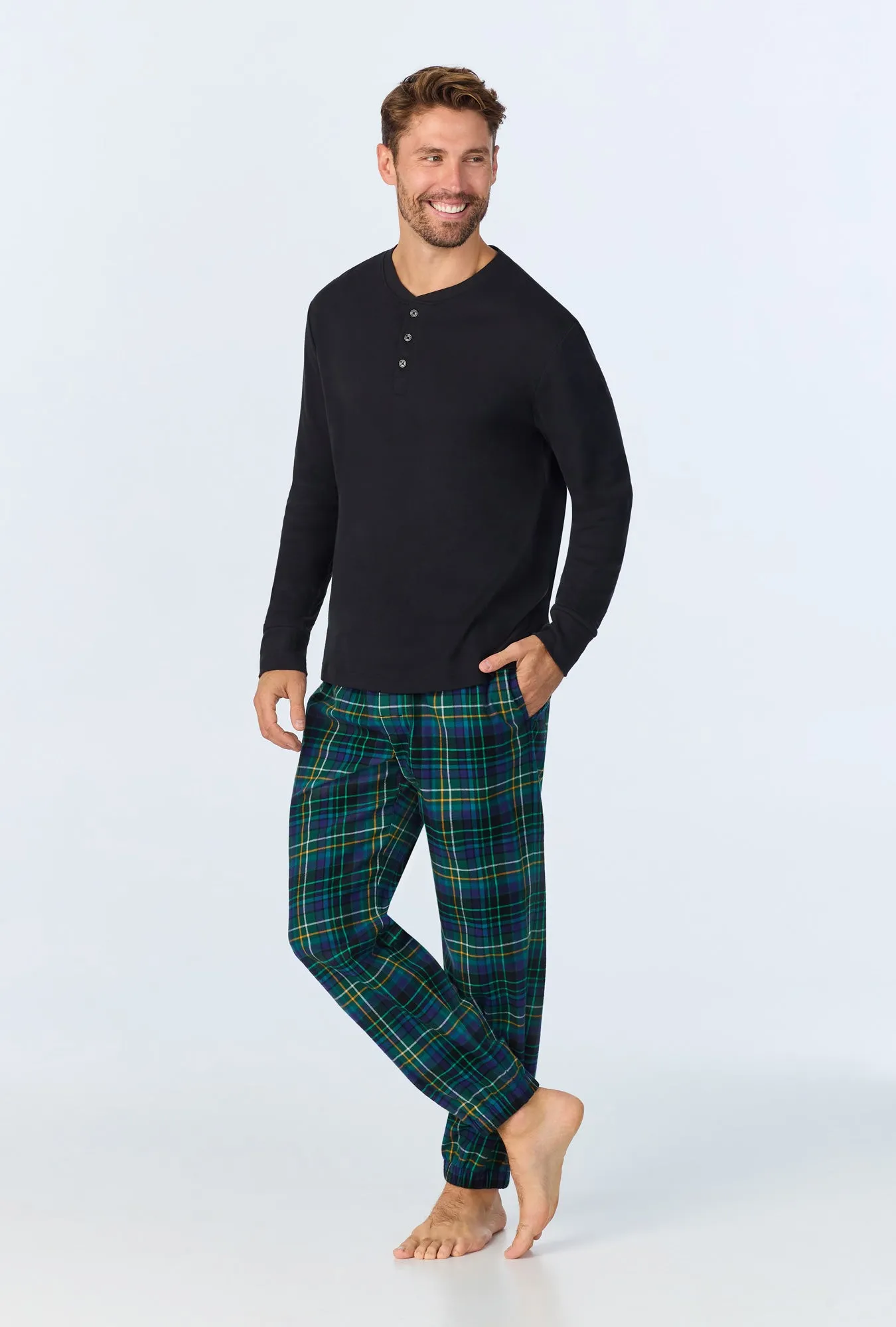 Celebration Plaid Men's Long Sleeve Henley and Jogger Woven Portuguese Flannel  PJ Set