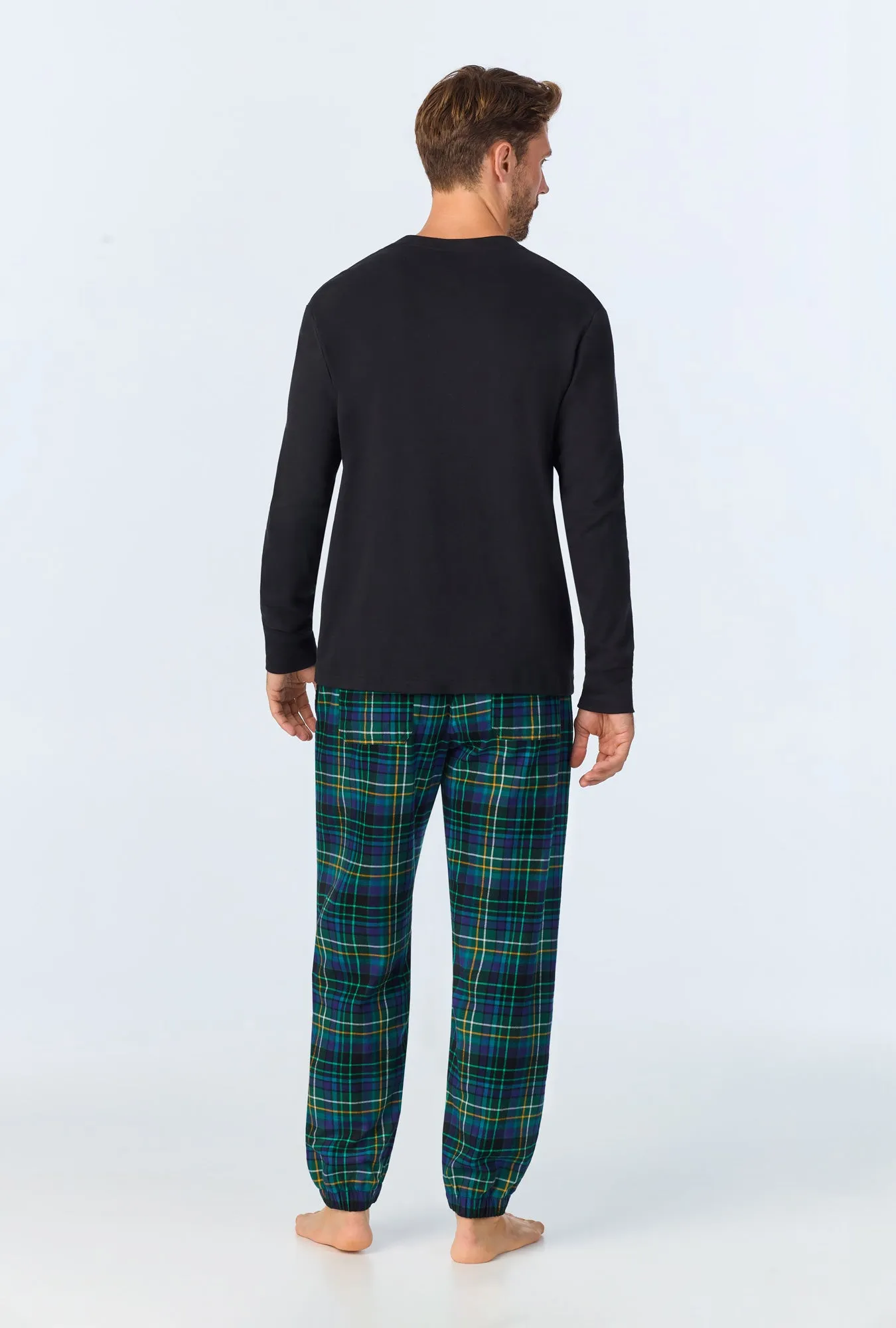 Celebration Plaid Men's Long Sleeve Henley and Jogger Woven Portuguese Flannel  PJ Set