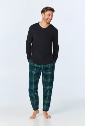 Celebration Plaid Men's Long Sleeve Henley and Jogger Woven Portuguese Flannel  PJ Set