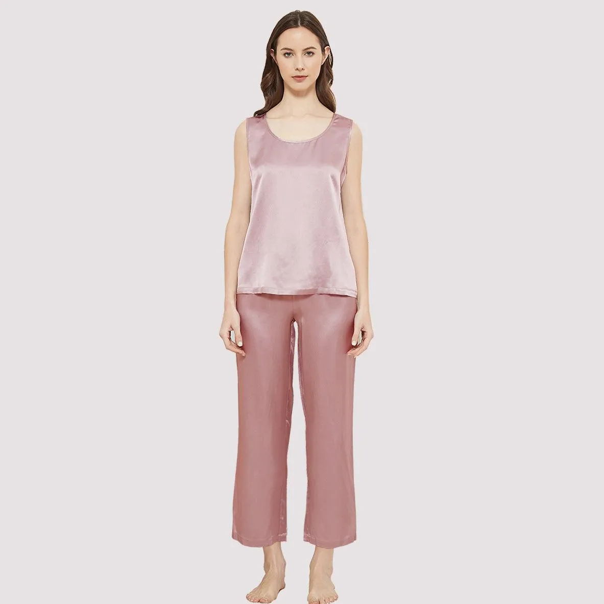 Classic Womens  Silk Tank Set 100% Mulberry Silk Sleepwear With Long pants