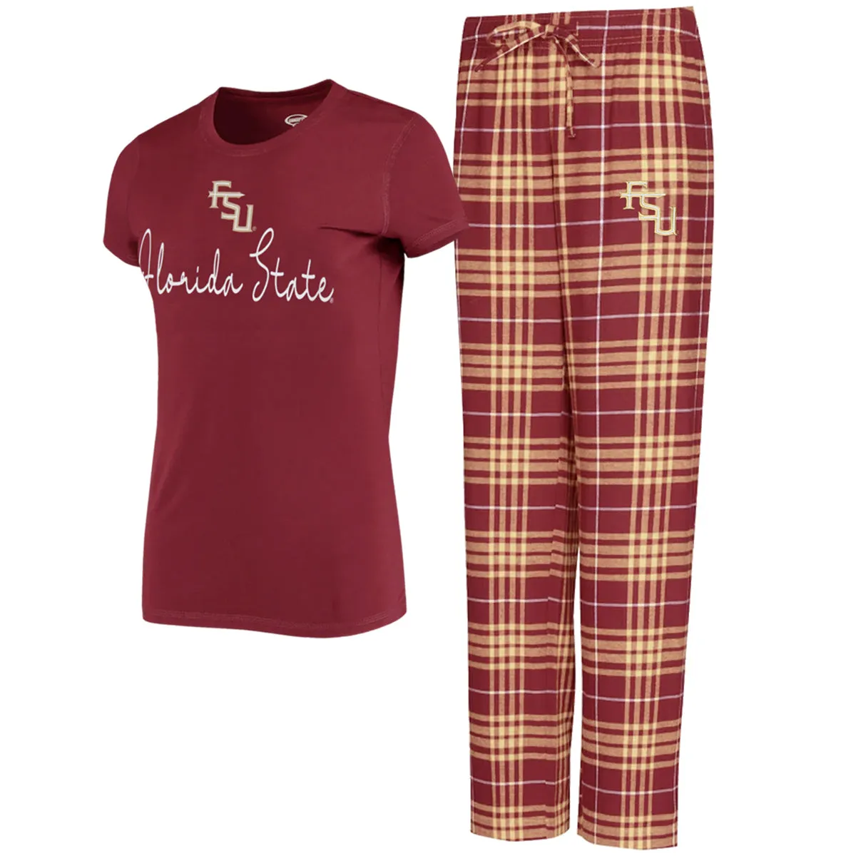 Comcept Sports Women's Florida State/Stacked FSU Logo T-shirt and Flannel Pant Sleep Set - Garnet/Gold