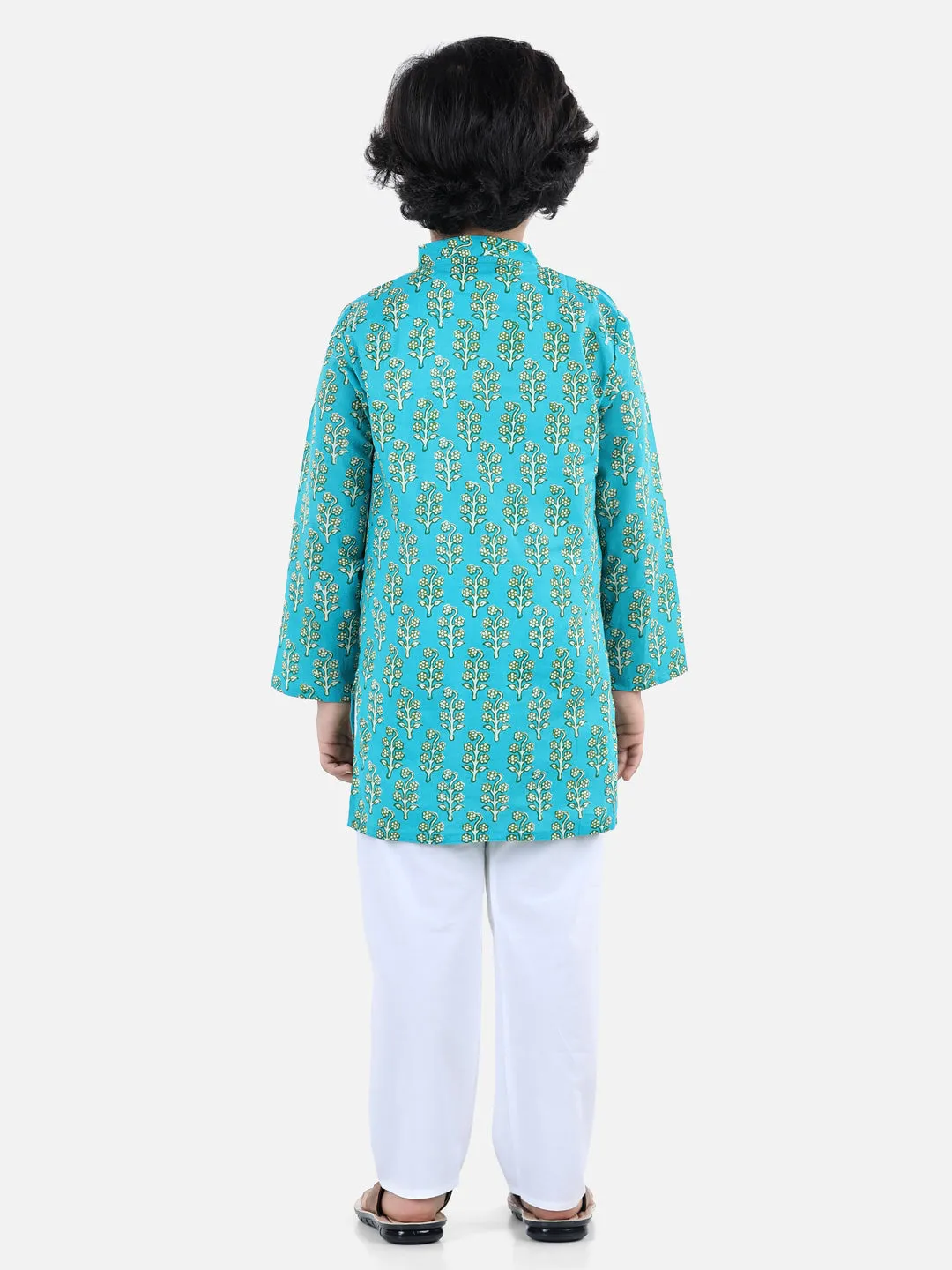 Cotton Printed Asymmetric Front Open Kurta Pyjama- Green