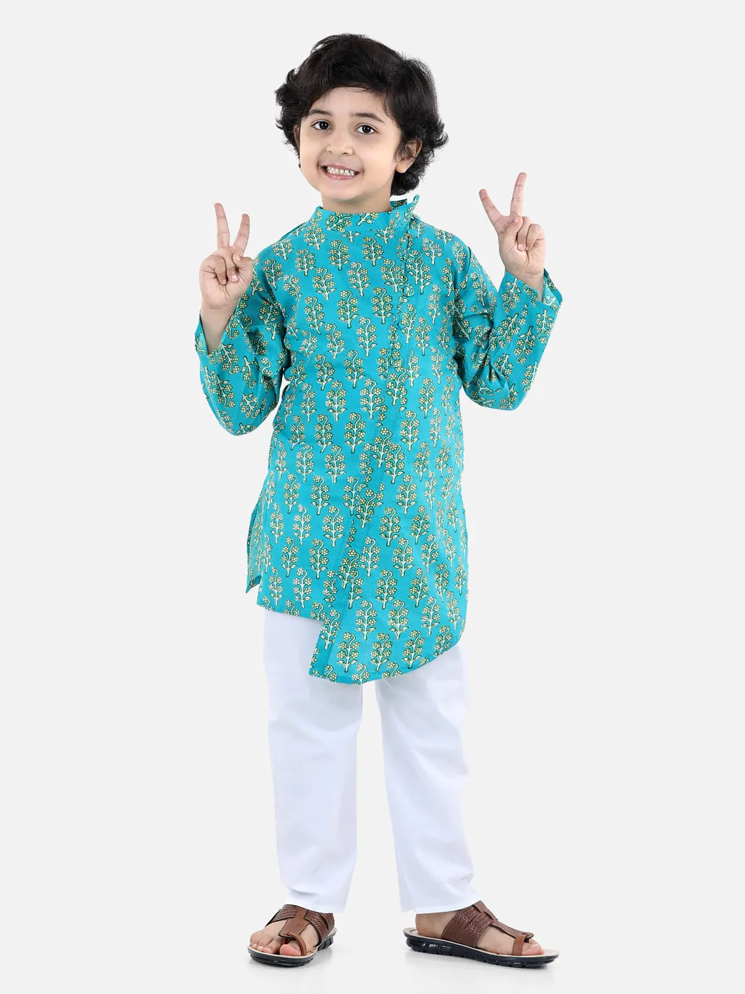 Cotton Printed Asymmetric Front Open Kurta Pyjama- Green