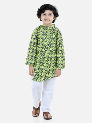 Cotton Printed Asymmetric Front Open Kurta Pyjama- Yellow