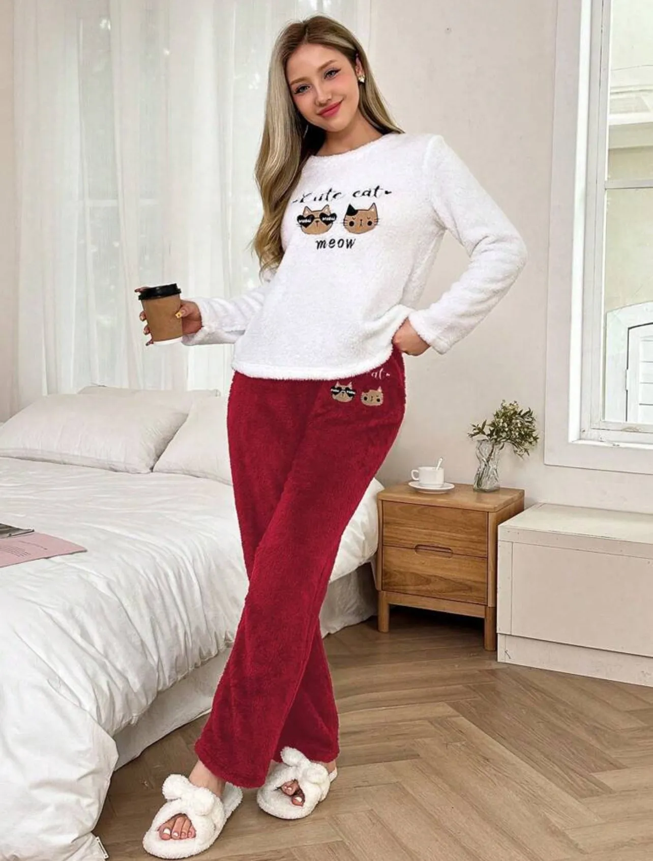 Cute Cat Meow Flannel Pajama Set