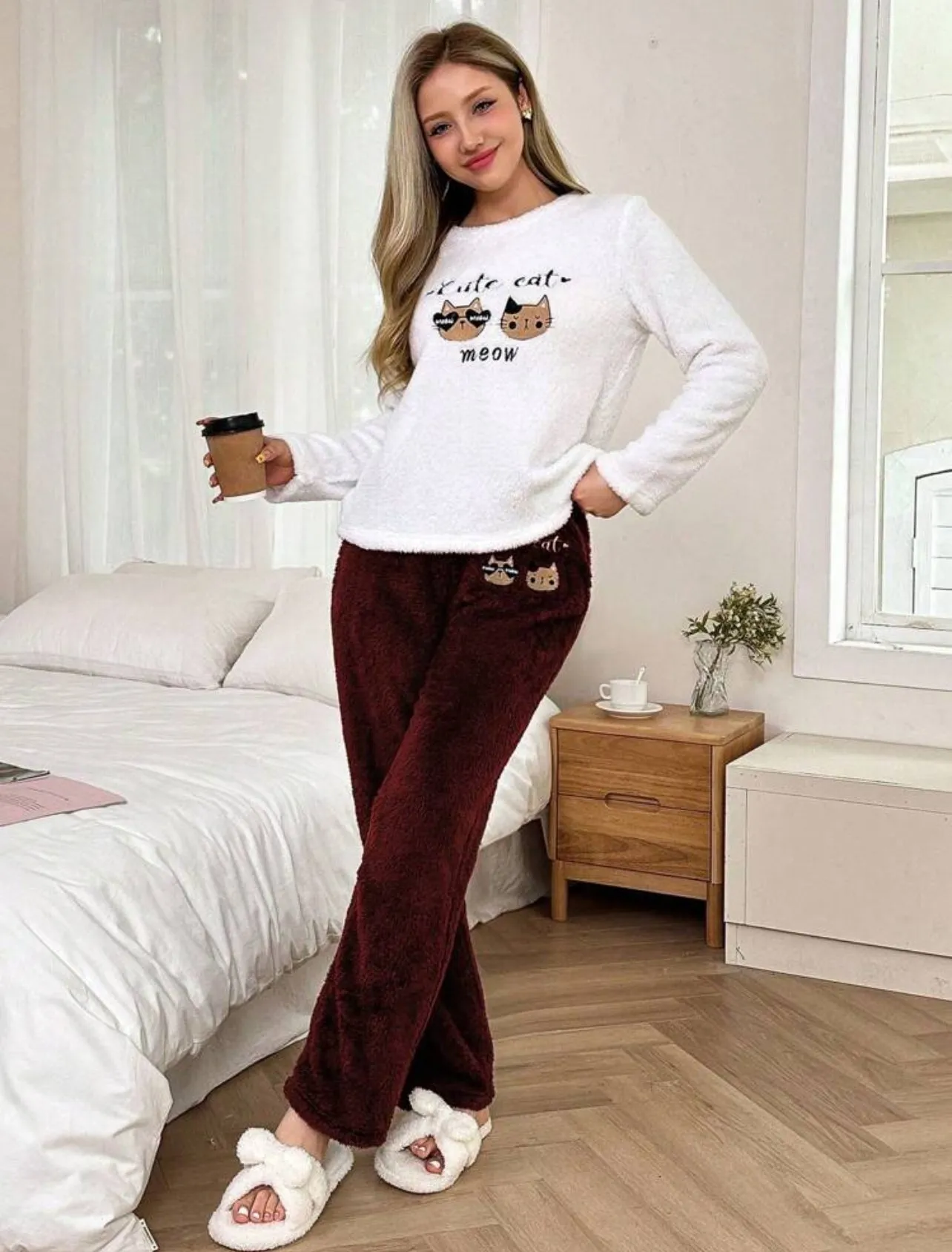 Cute Cat Meow Flannel Pajama Set