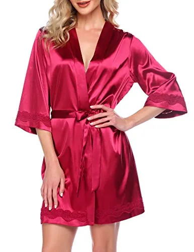 Ekouaer Silk Robes for Women Satin Lingerie Kimono Bride Robe with Lace Bathrobe Short Lightweight Wedding Gown