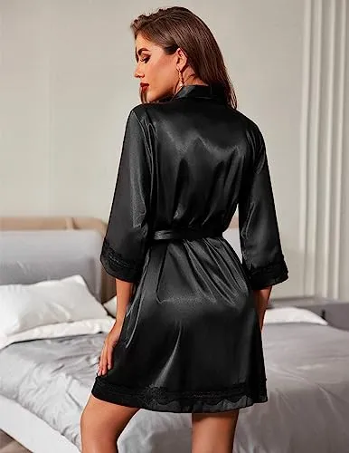 Ekouaer Women Silk Robe Satin V-Neck 3/4 Sleeve Lace Kimono Bath Robe Knee Length Loungewear