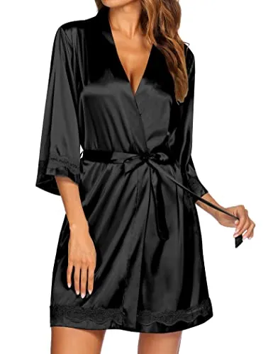 Ekouaer Women Silk Robe Satin V-Neck 3/4 Sleeve Lace Kimono Bath Robe Knee Length Loungewear