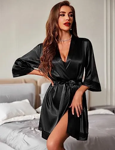 Ekouaer Women Silk Robe Satin V-Neck 3/4 Sleeve Lace Kimono Bath Robe Knee Length Loungewear