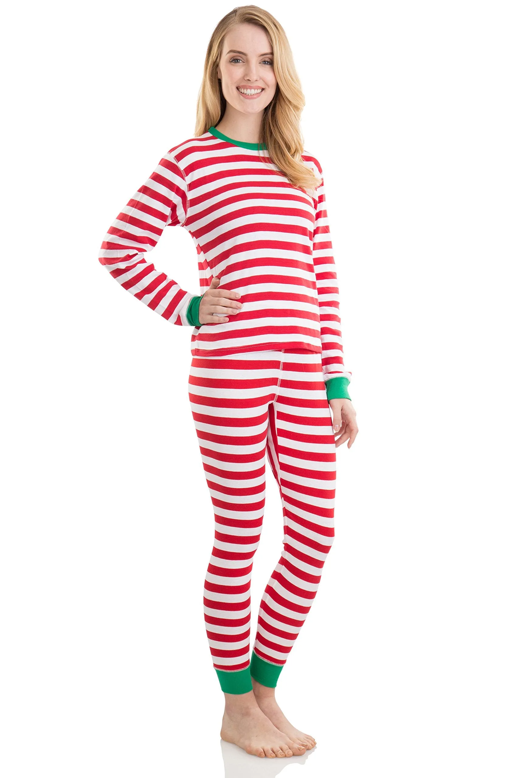 Elowel Adult Womens Mens Red And White  Christmas Fitted Striped Pajamas 100% Cotton