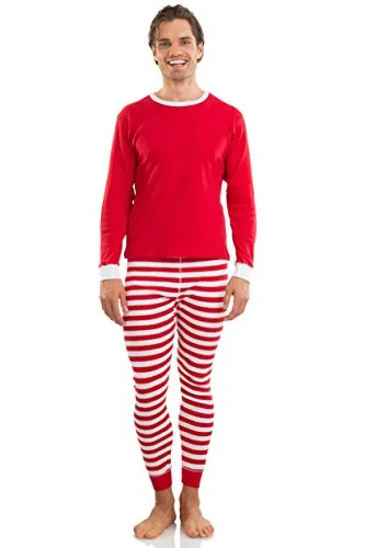 Elowel Adult Womens Mens Red Top & Red White  Pants  Christmas Fitted Pajamas 100% Cotton