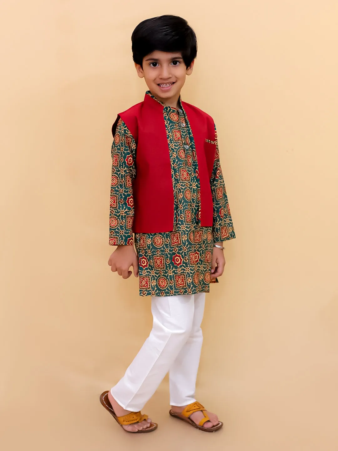 Emerald Essence Boys Floral Print Jacket And Kurta Pajama Set