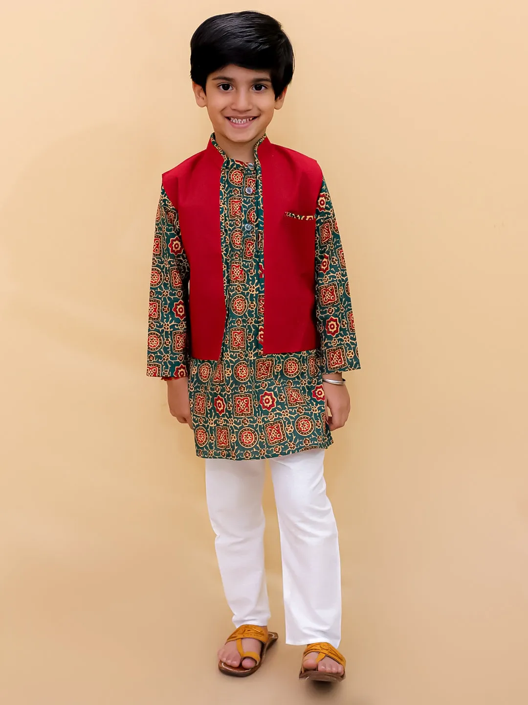 Emerald Essence Boys Floral Print Jacket And Kurta Pajama Set